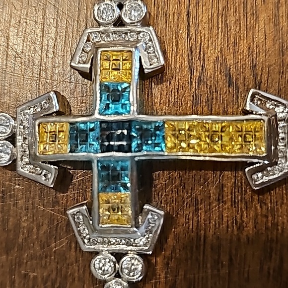 STUNNING RARE STERLING SILVER CROSS aquamarine cross pendant necklace - Picture 2 of 5